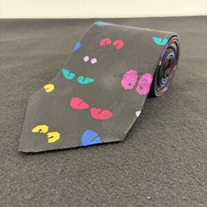 VTG 90s After Dark Nocturnes Black 100% Silk Neck Tie Monster Eyes Print Necktie
